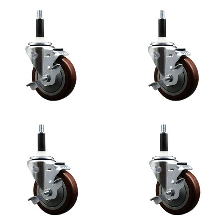 Service Caster 4'' SS Maroon Poly Swivel 7/8'' Expanding Stem Caster Set with Brake, 4PK SCC-SSEX20S414-PPUB-MRN-TLB-78-4